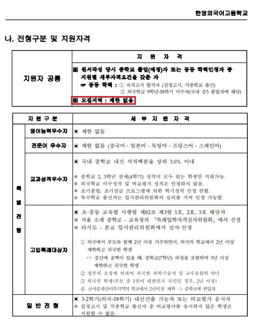 전용기 대변인이 공개한 한영외고 입시요강. 페이스북 갈무리